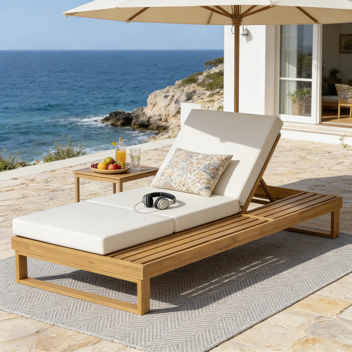 Teak Wood Chaise Lounge with 4-Inch Cushion - OROA