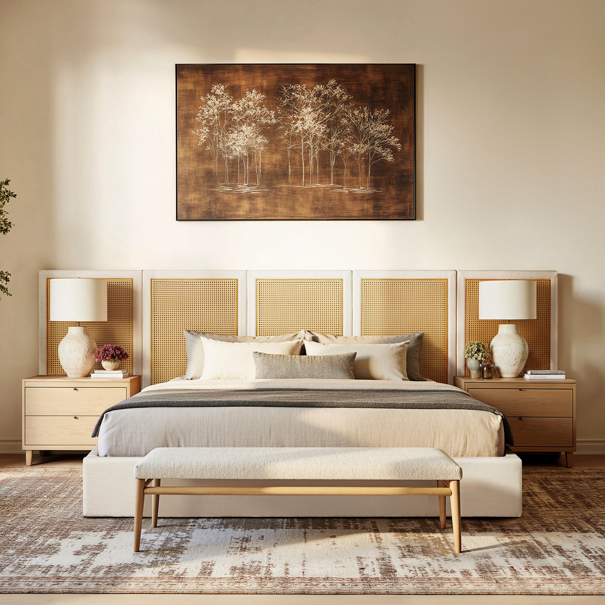 Capri Extended Headboard Cane Platform Bed, Antique White Polyester - OROA Online Furniture