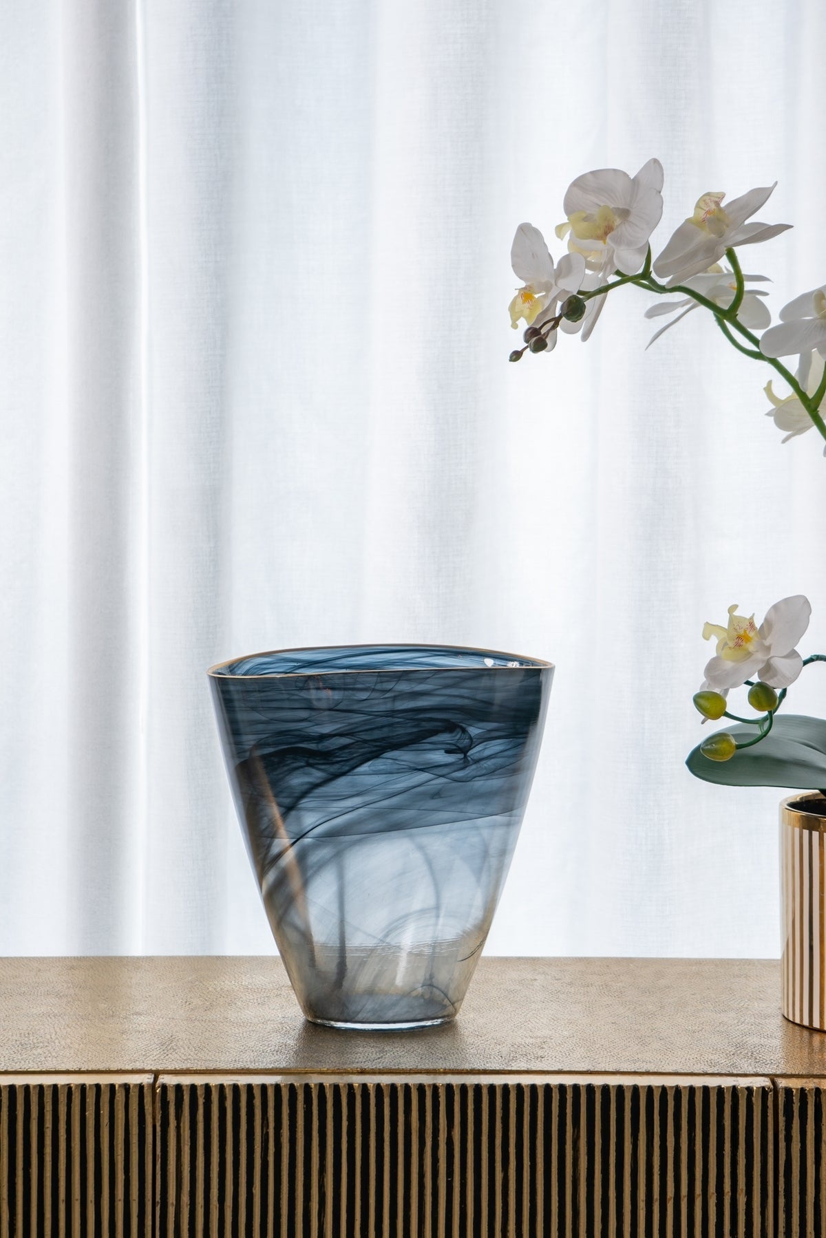 Smokey Black Glass Vase with Gold Rim