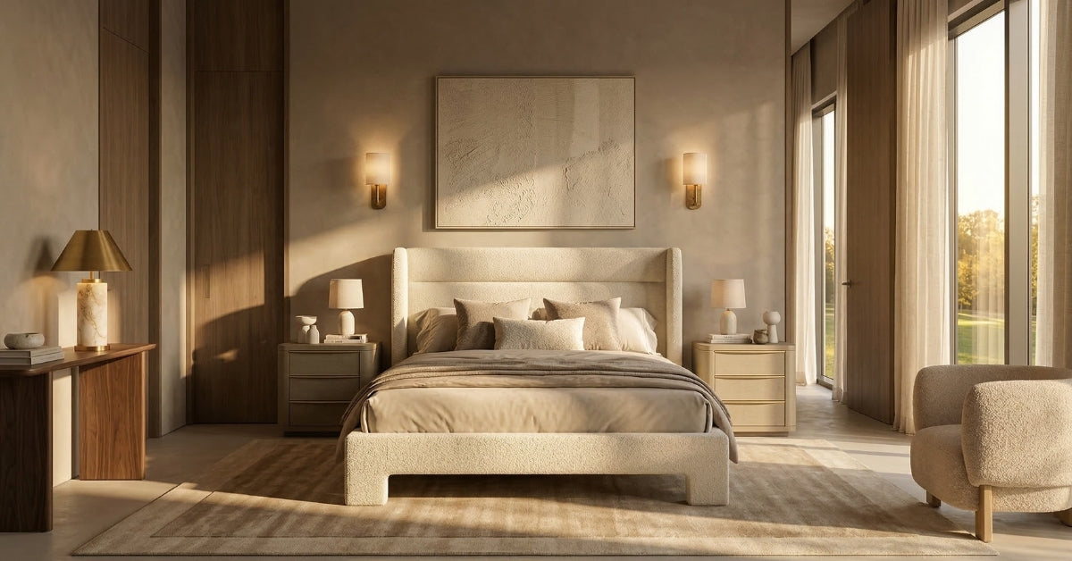 Modern Luxe bedroom featuring OROA furnishings with layered textiles and sophisticated contemporary styling.