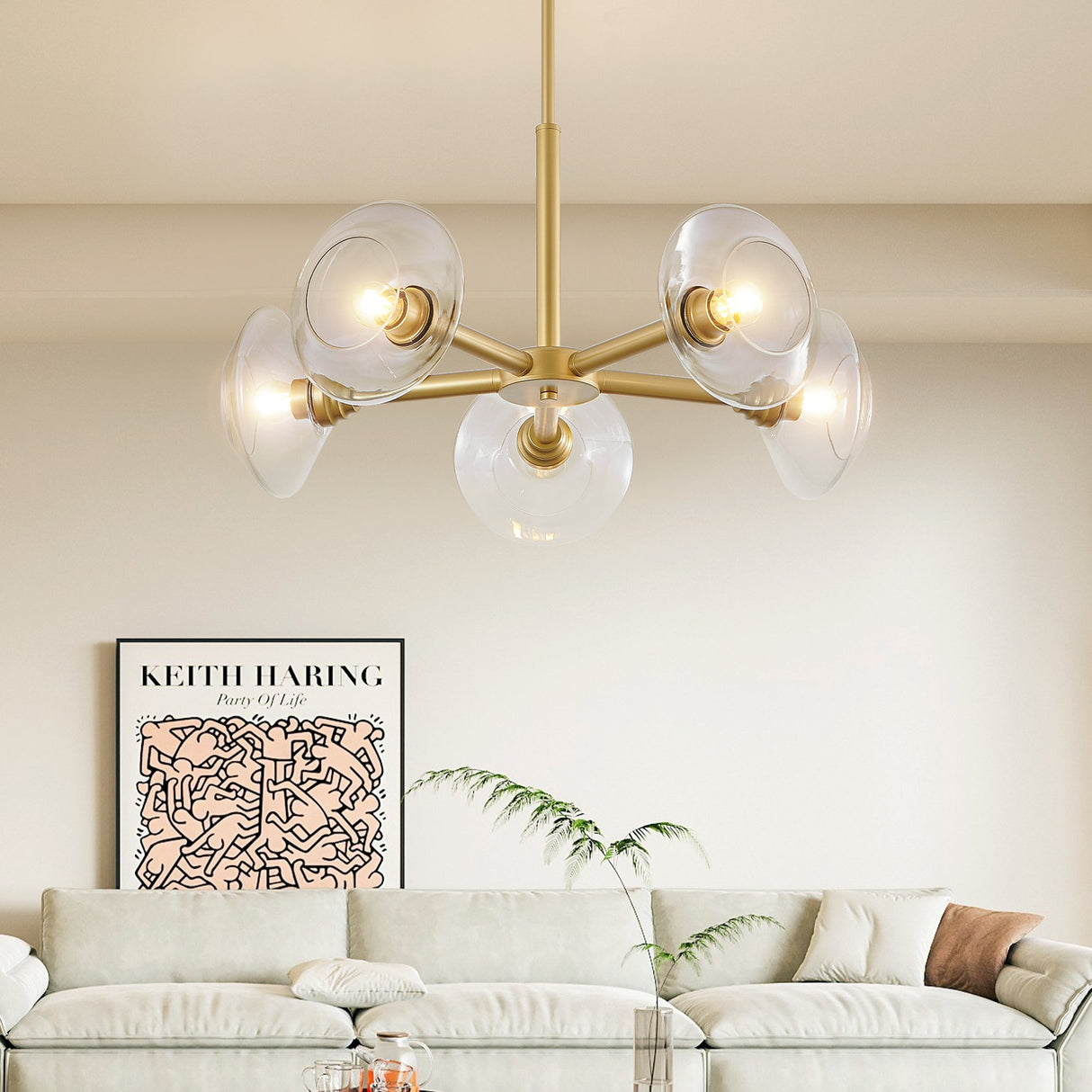 Modern Gold 5-Light Sputnik Chandelier with Clear Glass Shades