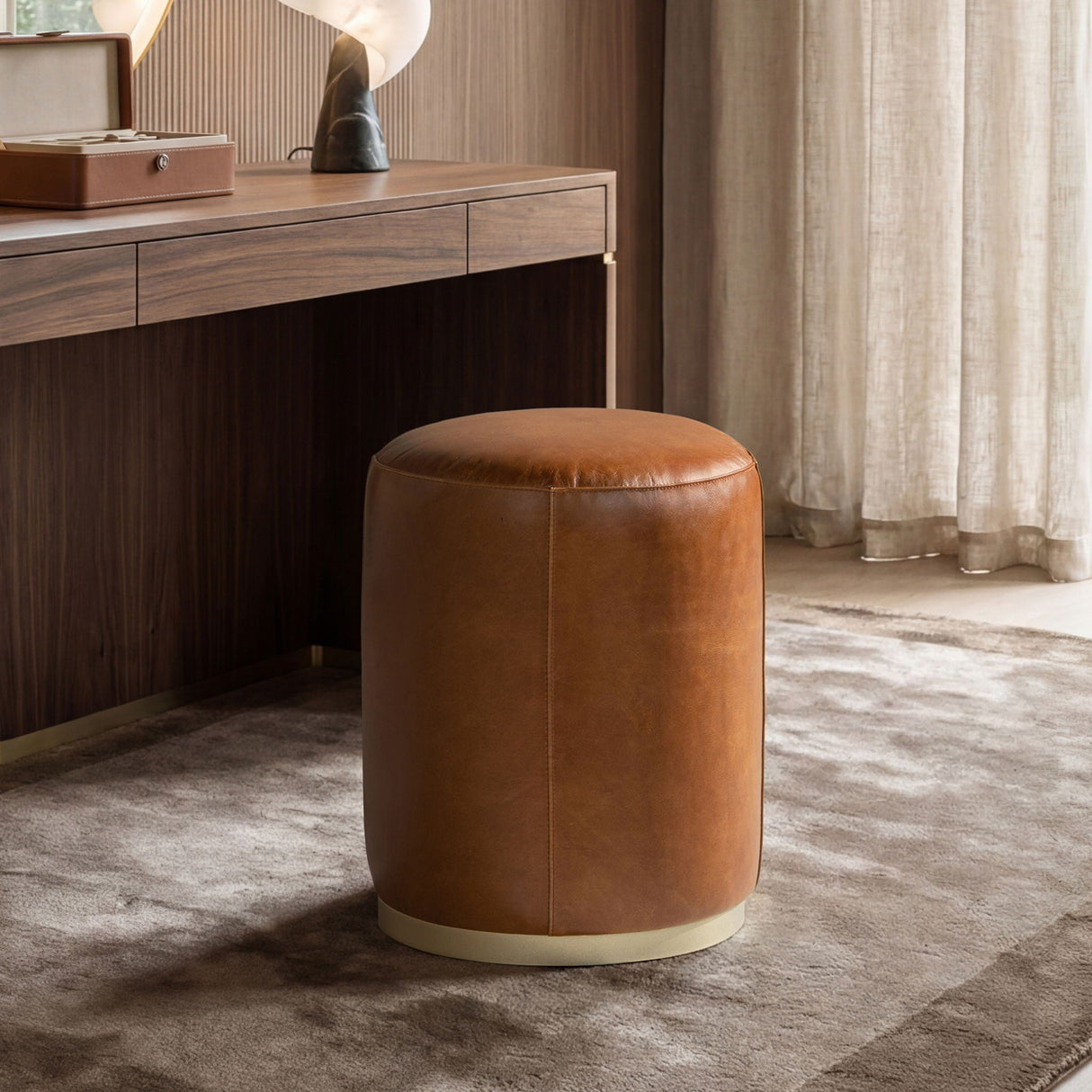Round Brown Leather Ottoman - OROA
