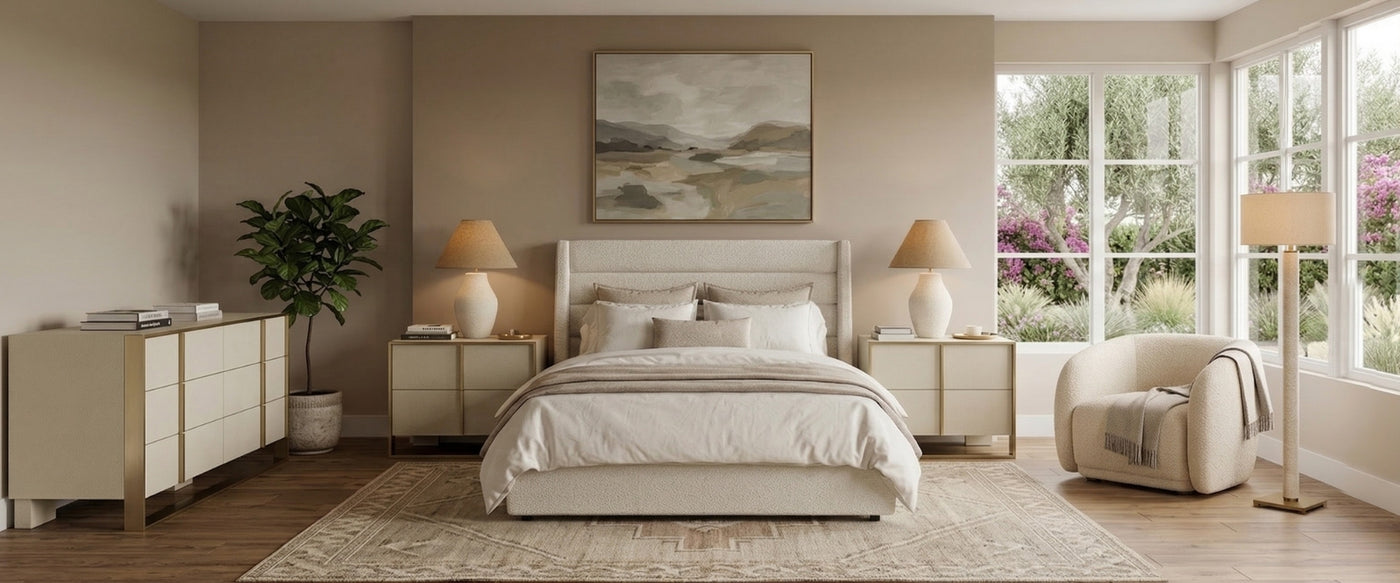 Classic Contemporary bedroom showcasing OROA furnishings with refined details and layered textures.