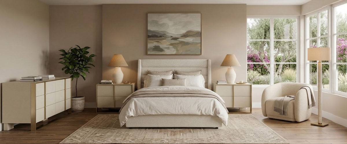 Classic Contemporary bedroom showcasing OROA furnishings with refined details and layered textures.