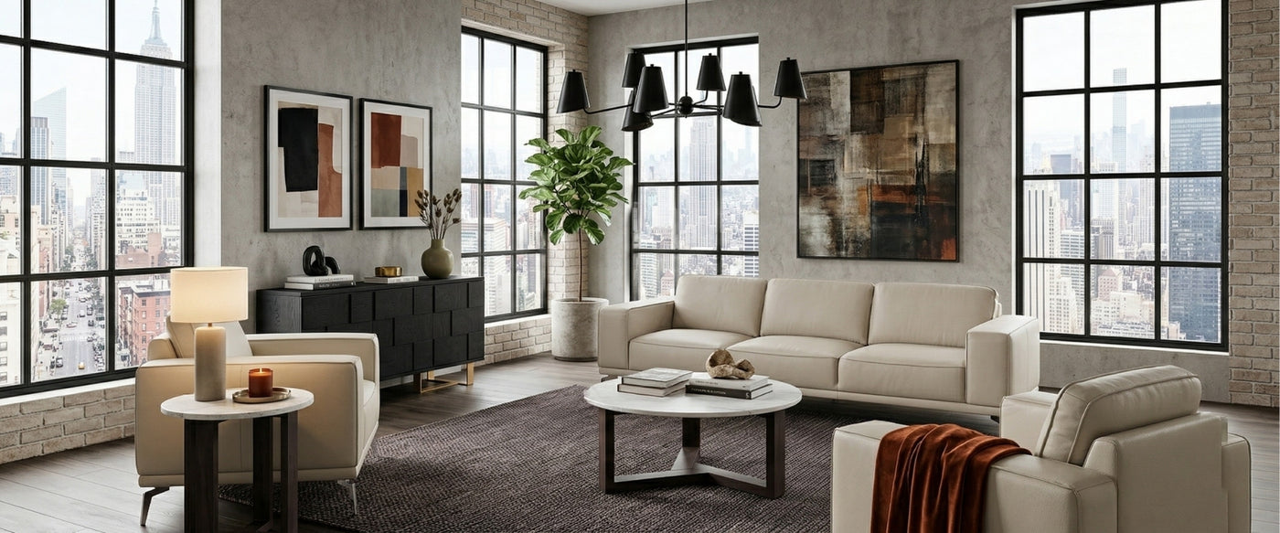 Industrial Modern living room by OROA featuring metal accents, warm wood, and contemporary furnishings.