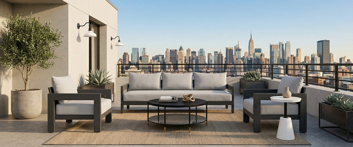 Industrial Modern outdoor living area featuring OROA furniture with metal and wood elements.