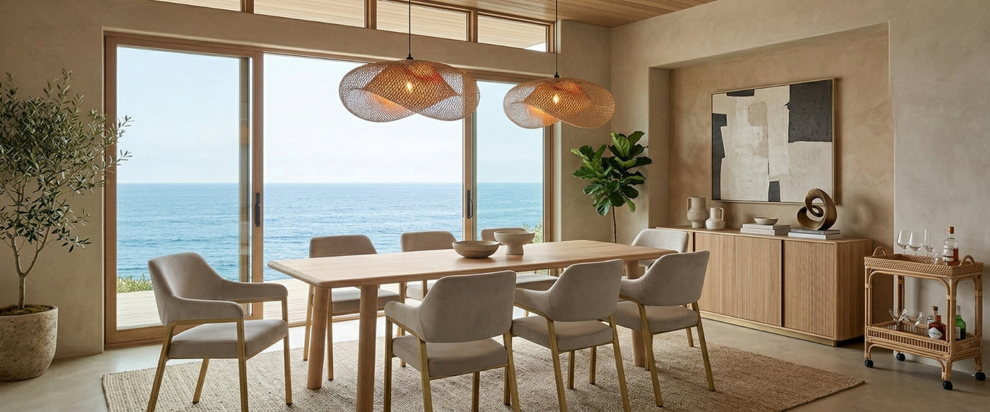 Japandi dining room featuring OROA furniture with oak finishes and understated design.