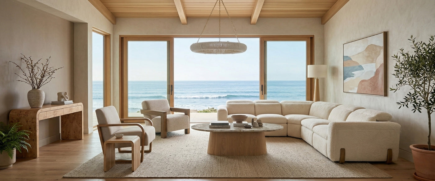 Japandi living room by OROA featuring clean-lined furniture, light wood, and organic textures.