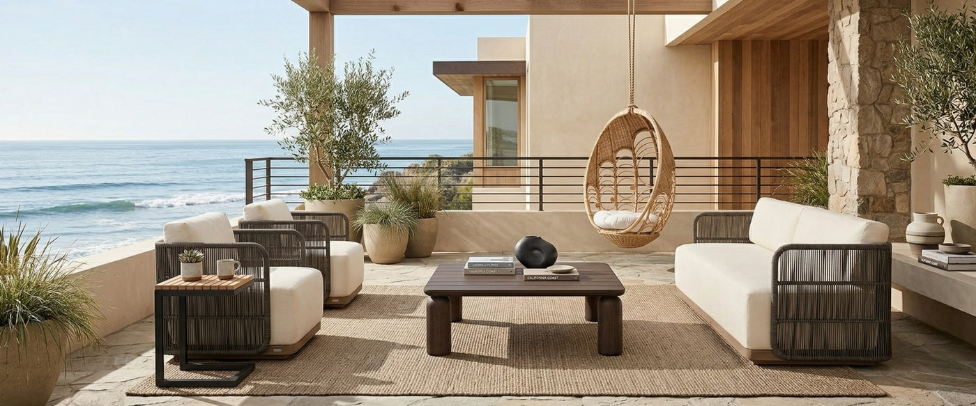 Japandi outdoor living space featuring OROA furniture with teak, woven textures, and clean lines.