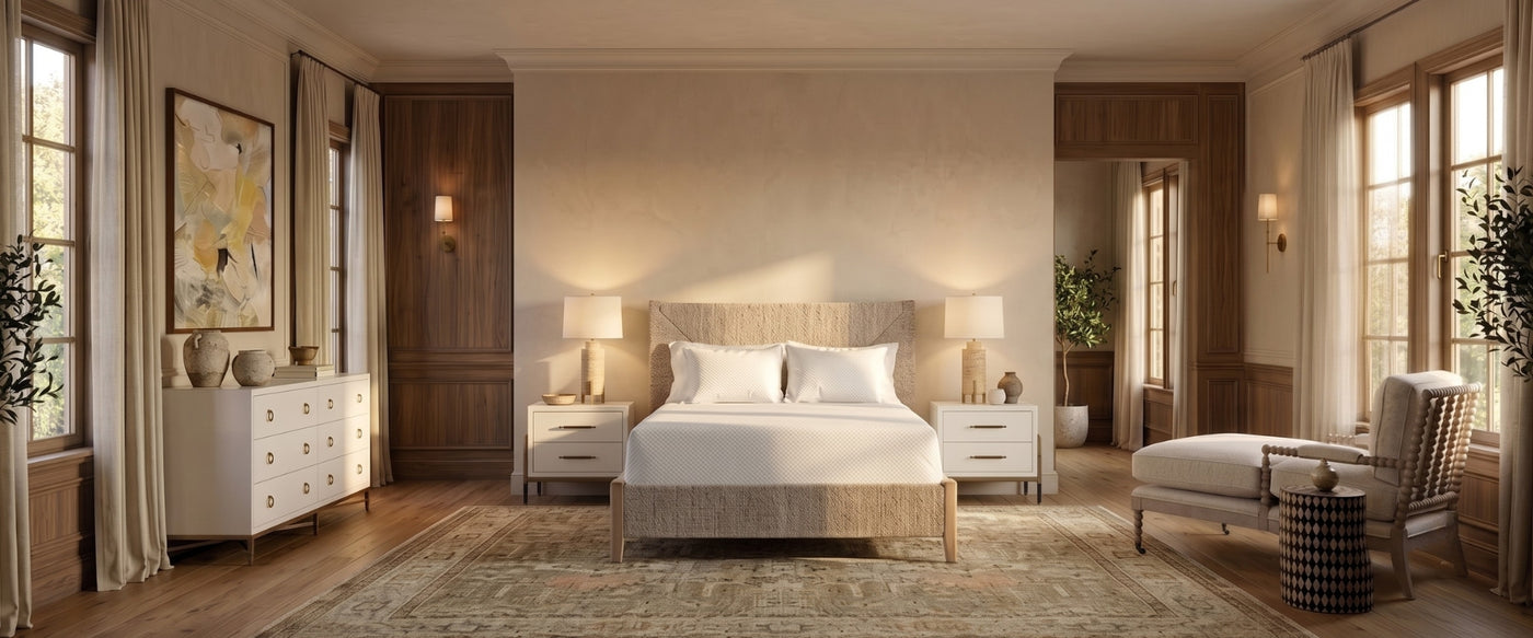 Past Meets Present bedroom by OROA featuring vintage-inspired furnishings, refined textures, and modern styling