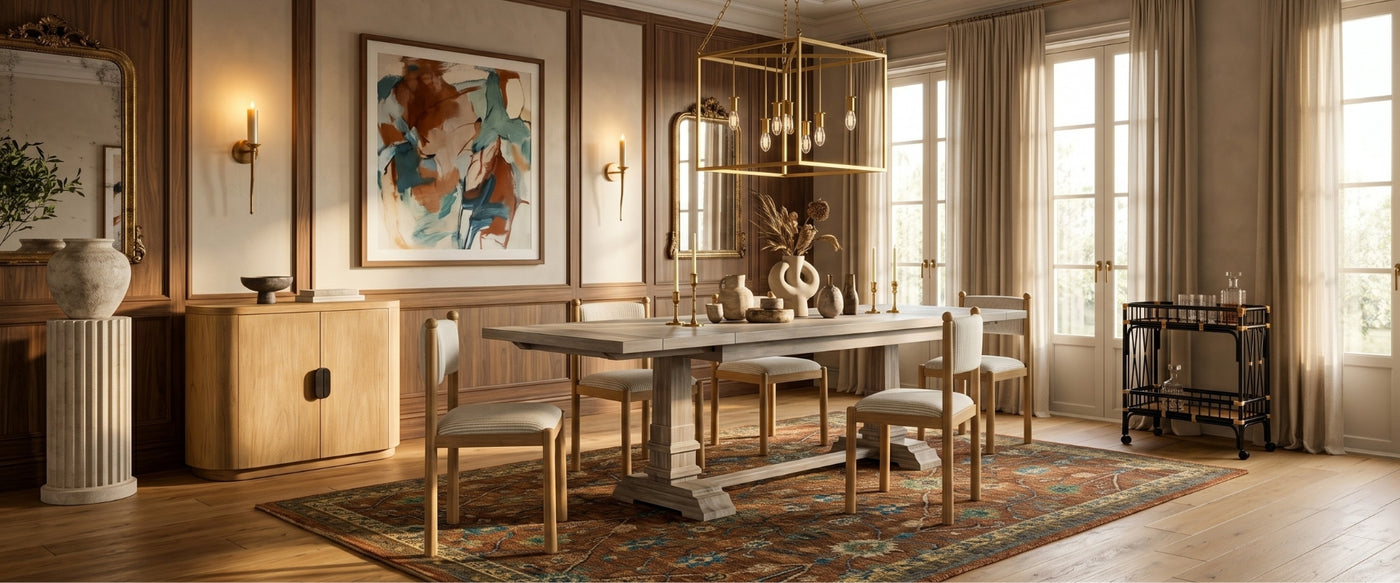 Past Meets Present dining room featuring OROA furniture with vintage influences and modern design elements.