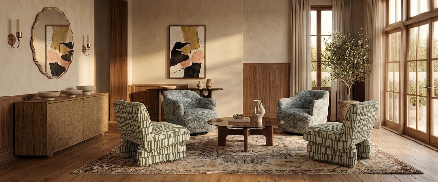 Past Meets Present living room by OROA featuring vintage-inspired furniture, modern details, and layered interior styling.
