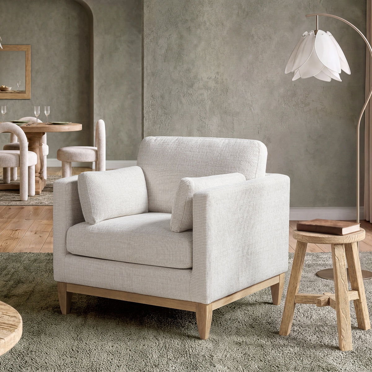 Knox Modern Farmhouse Arm Chair, Light Beige Chenille with Pinewood Frame - OROA Online Furniture