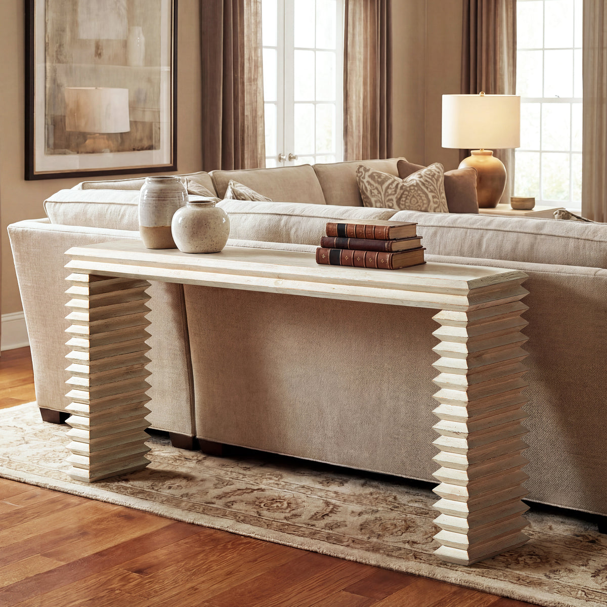 Veda Whitewashed Reclaimed Pine Geometric Console Table with Slim Stacked Legs - OROA Modern Furniture