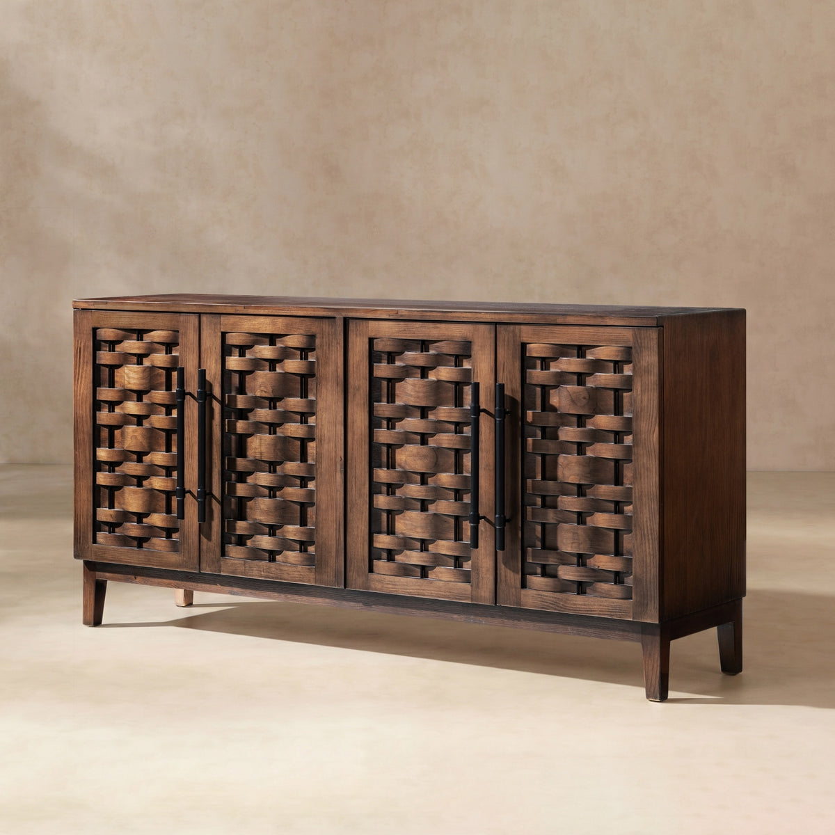 Koa Woven Wood 4-Door Sideboard, Dark Brown Reclaimed Pine - OROA Modern Furniture
