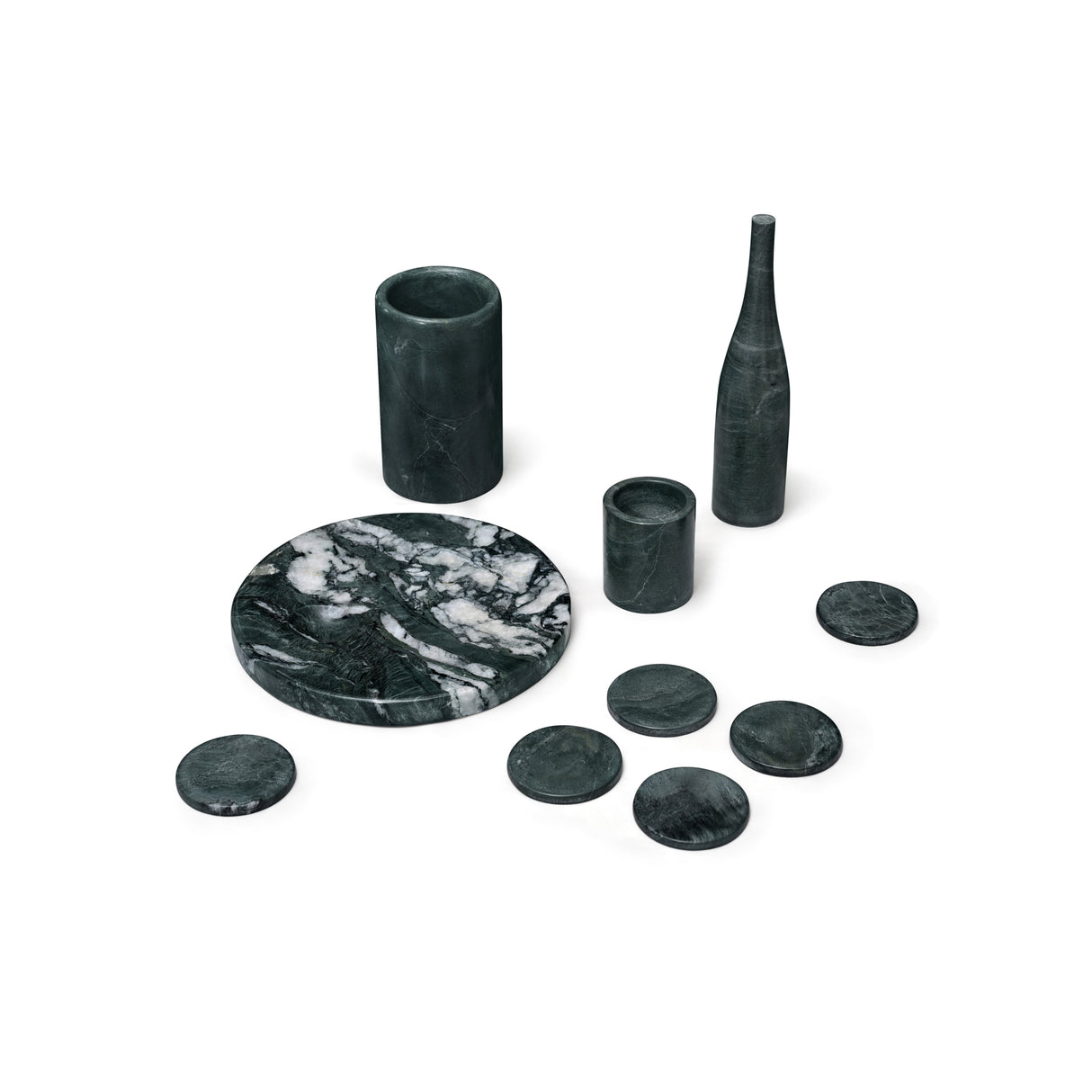 Set of black marble coasters and vases on a white background
