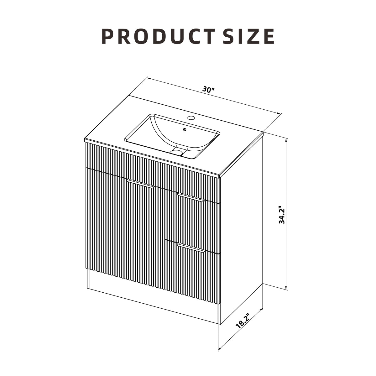 Walnut-Look Fluted Bathroom Vanity with Ceramic Sink — dimension diagram