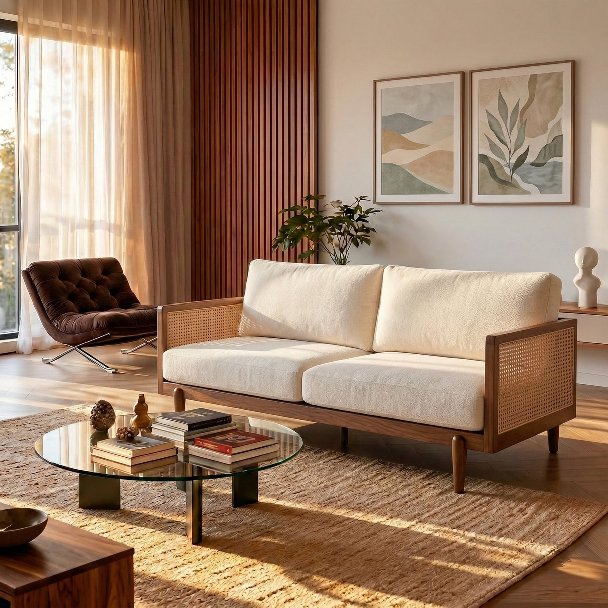 3-Seater Boucle Sofa with Cane Rattan and Wooden Frame - OROA