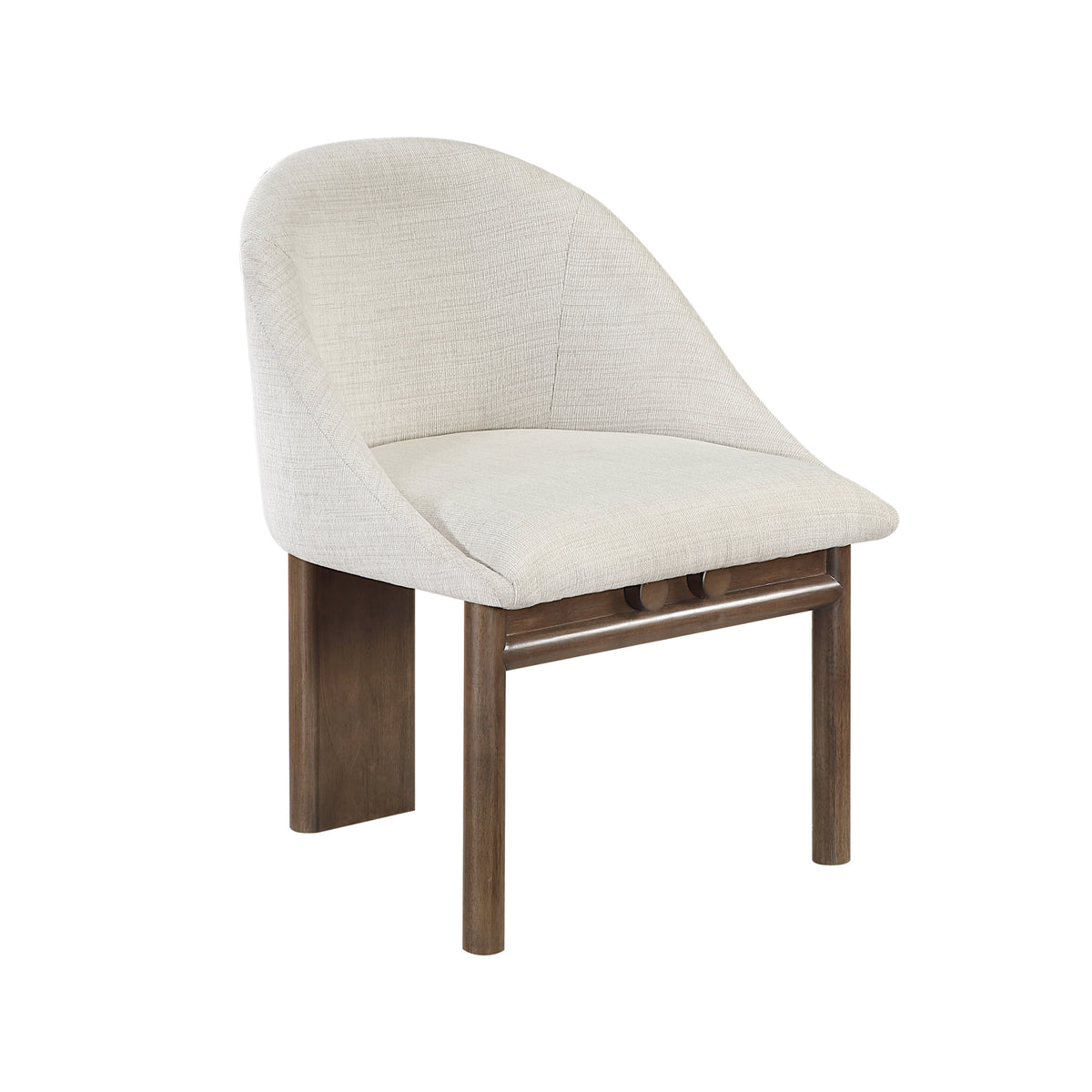 A modern accent chair featuring a curved, upholstered backrest in a textured light beige fabric,