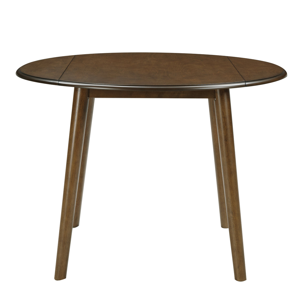 Walnut-Finish Birch Veneer Round Drop-Leaf Dining Table — front view with leaves raised