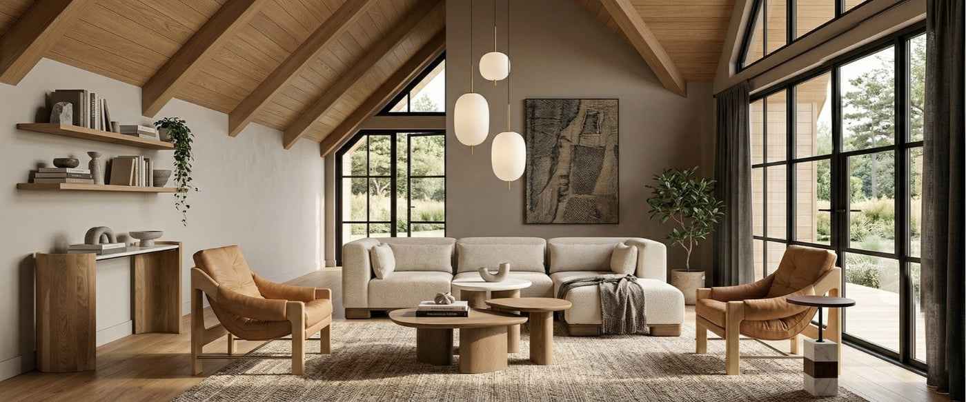 Scandinavian living room by OROA featuring light wood furnishings, soft textures, and clean-lined design.