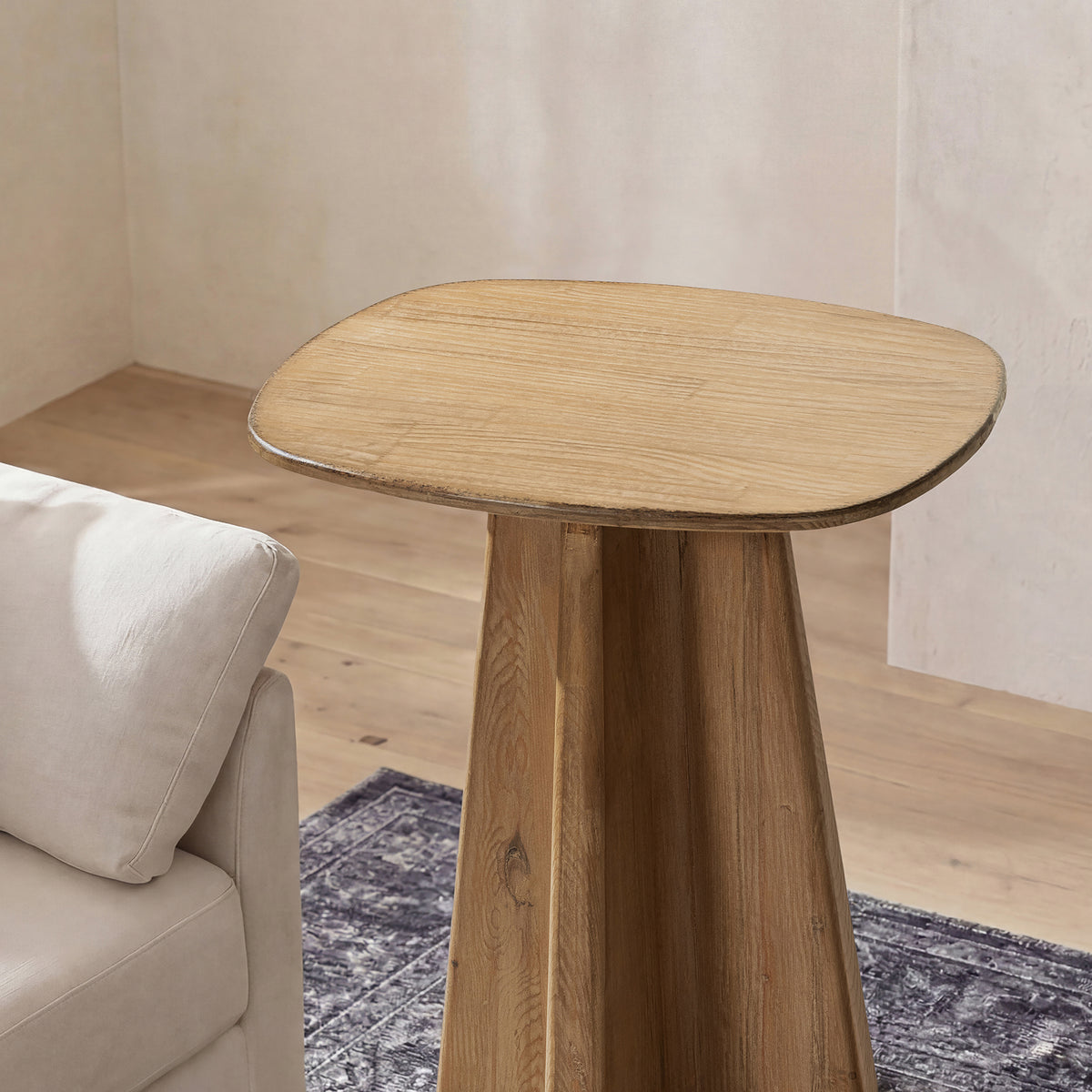 Clarence Rectangular End Table with Sculptural Pedestal Base, Antique Natural Brown Reclaimed Pine - OROA Online Furniture