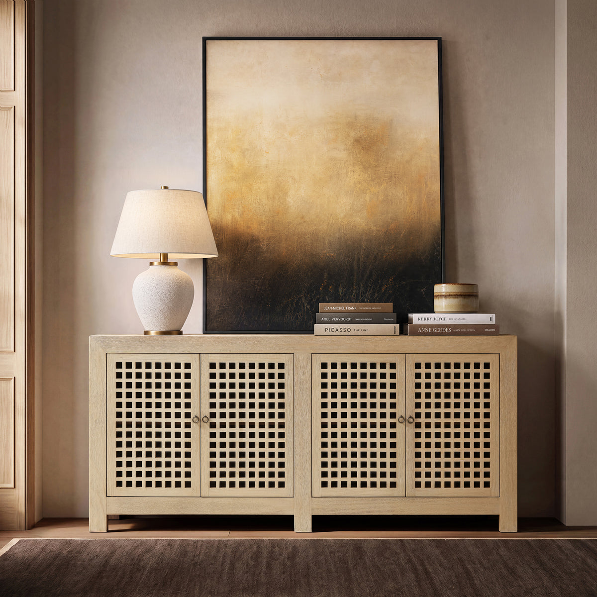 Alden Reclaimed Pine Lattice 4-Door Cabinet, Brushed White - OROA Online Furniture