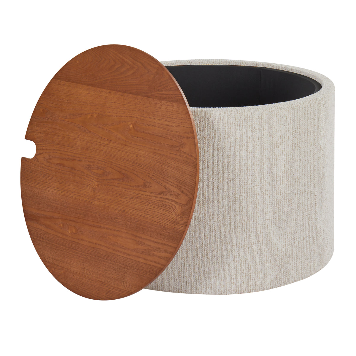 Cream Fabric Storage Tray Table with Walnut-Finish Lid — with lid removed showing storage