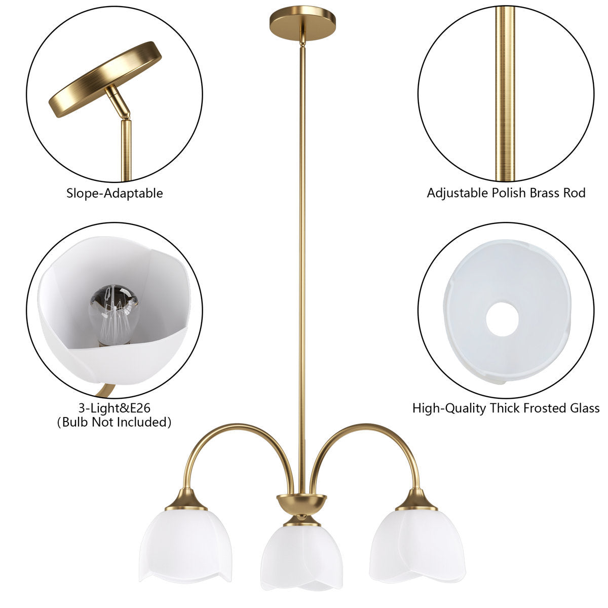 Three-Light Frosted Flower Glass Chandelier — shade and mounting details
