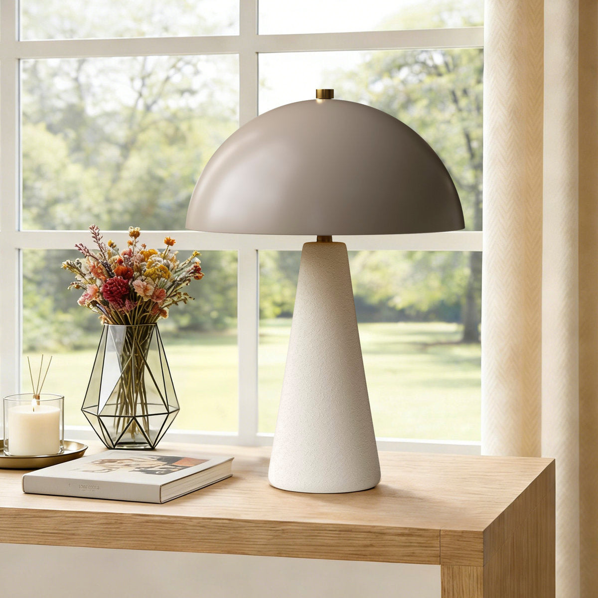 Off-White Ceramic Mushroom Table Lamp — beside a window