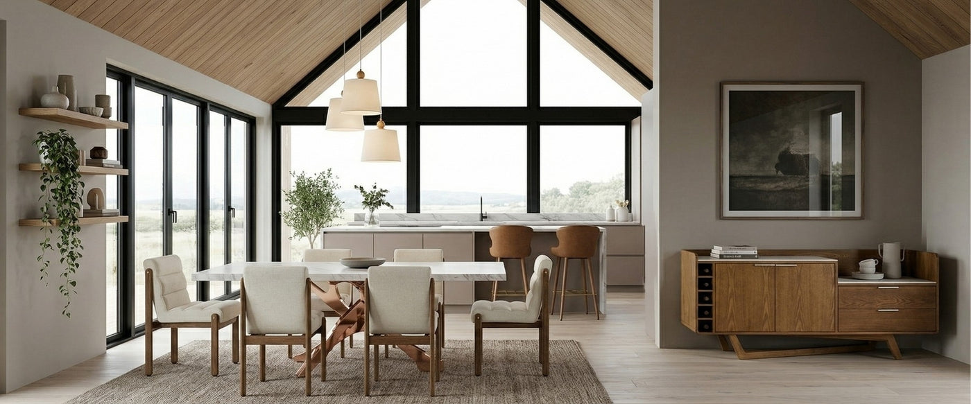 Scandinavian dining room featuring OROA furniture with oak finishes and clean contemporary lines.