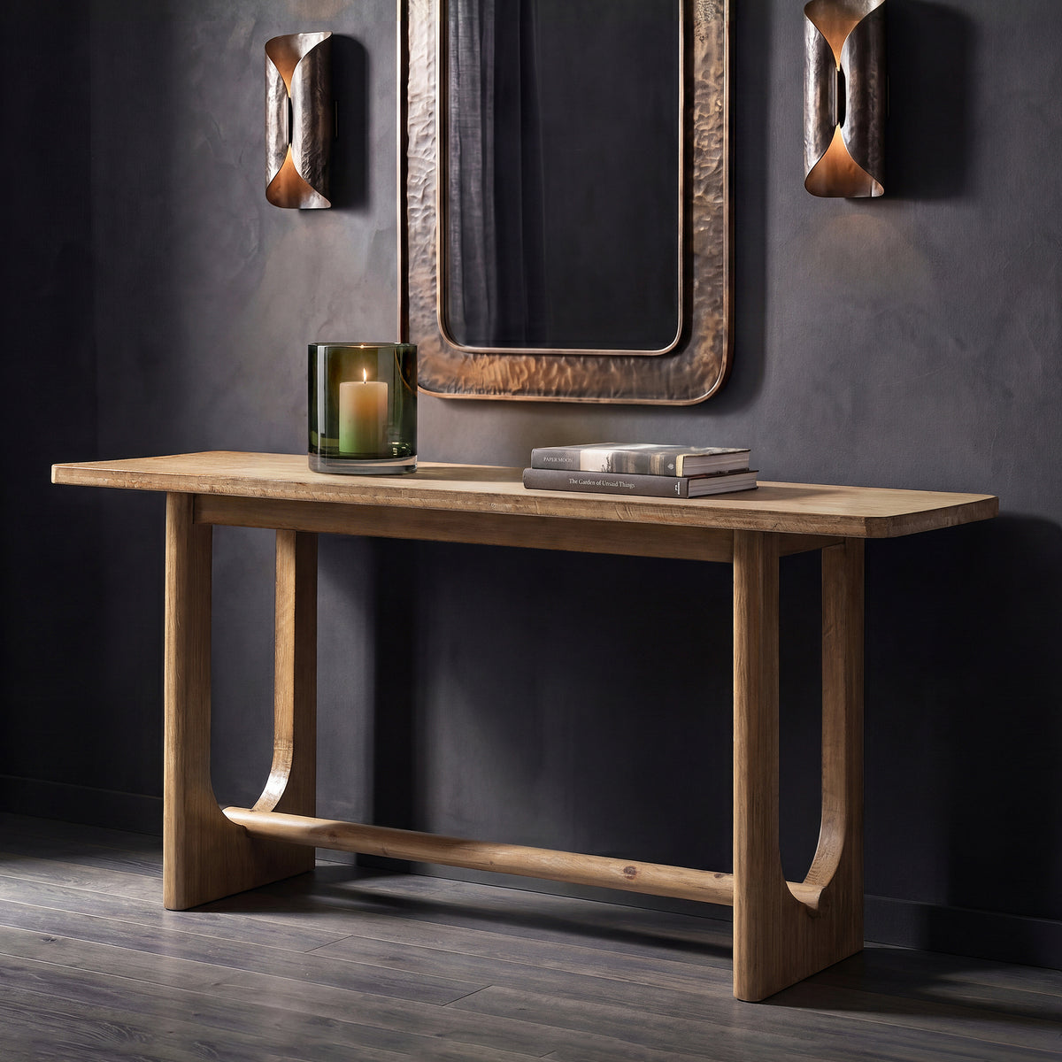 Turnkey Modern Trestle Console Table, Antique Natural Brown Reclaimed Pine - OROA Modern Furniture