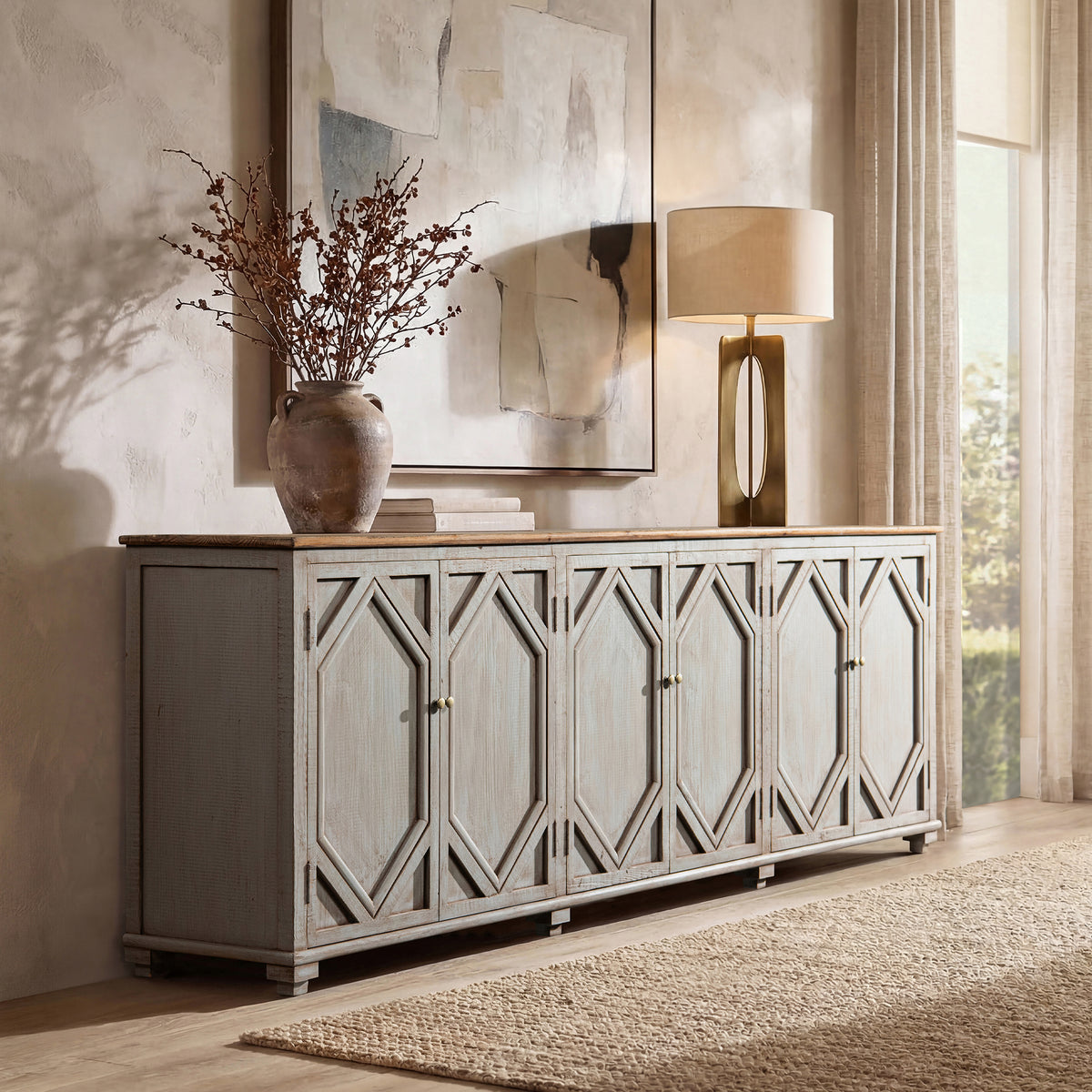 Colette Extra Wide 6-Door Cabinet Sideboard, Antique Natural Brown and Blue-Grey Reclaimed Pine - OROA Modern Furniture