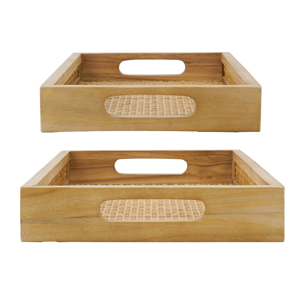 Brown Woven Rattan Trays with Handles — cutout handles viewed from the front