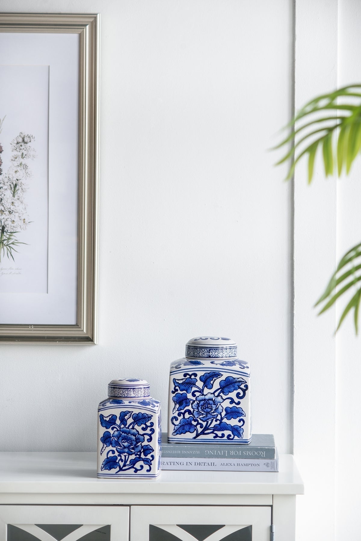 Hand Painted Square Canister - Blue/White Floral Pattern - OROA