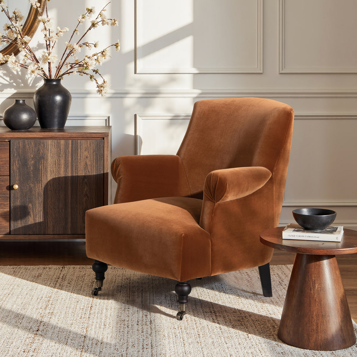 Eloise Pleated Sock Arm Accent Armchair, Burnt Orange Performance Velvet - OROA Modern Furniture
