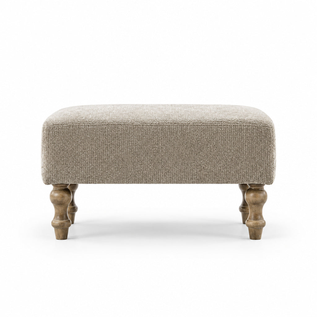 Taupe Chenille Ottoman with Walnut Wood Legs