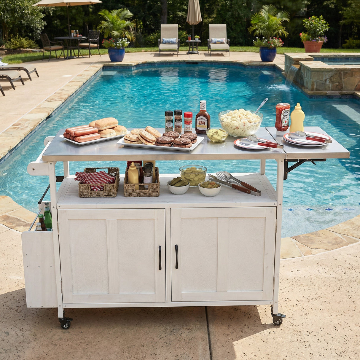 Foldable Outdoor Kitchen Island Patio Cart - White