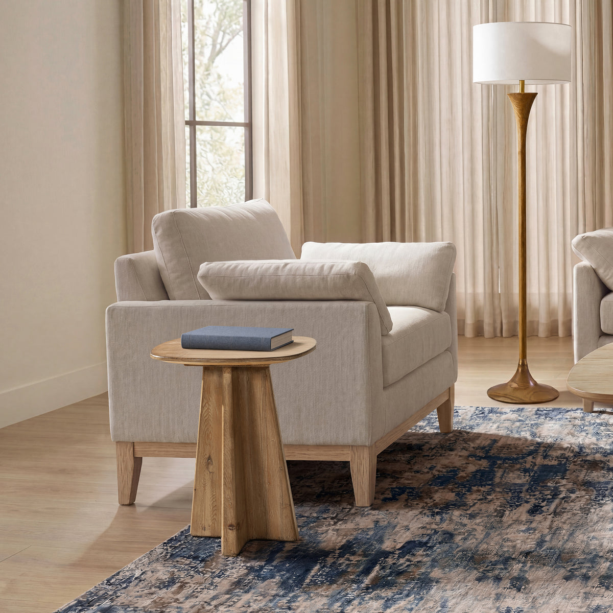 Clarence Rectangular End Table with Sculptural Pedestal Base, Antique Natural Brown Reclaimed Pine - OROA Online Furniture