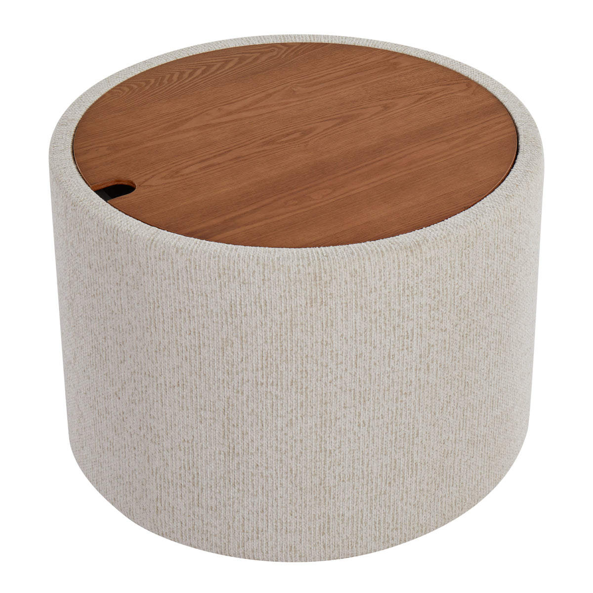 Cream Fabric Storage Tray Table with Walnut-Finish Lid — top three-quarter view