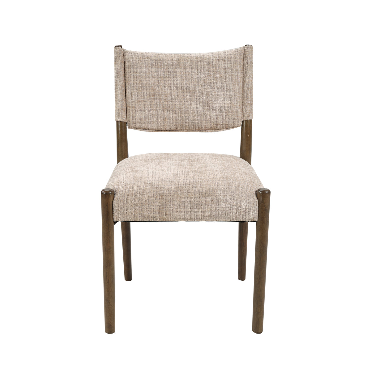 Upholstered dining chair with walnut-finish legs — single chair front view