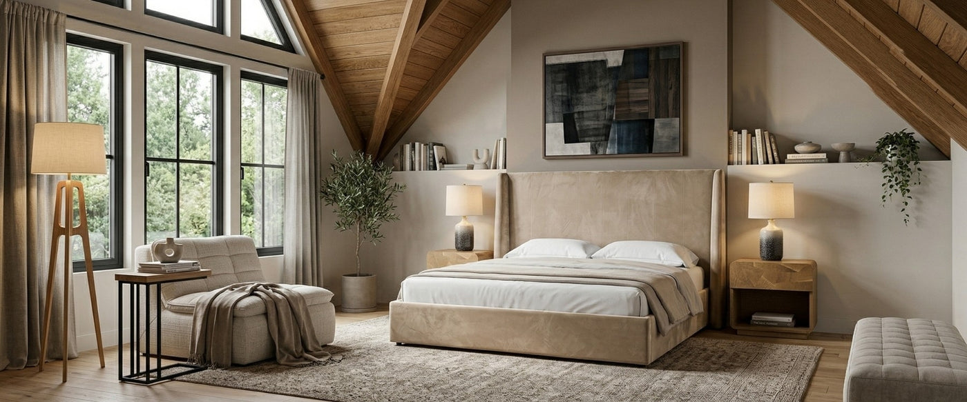 Scandinavian bedroom showcasing OROA furnishings with light wood, layered textiles, and timeless design.