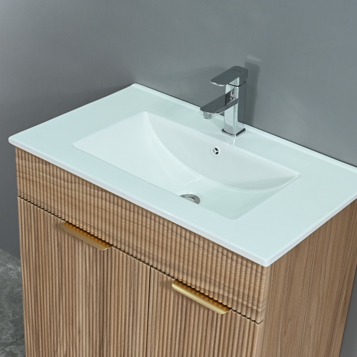 Walnut-Look Fluted Bathroom Vanity with Ceramic Sink — ceramic sink close-up