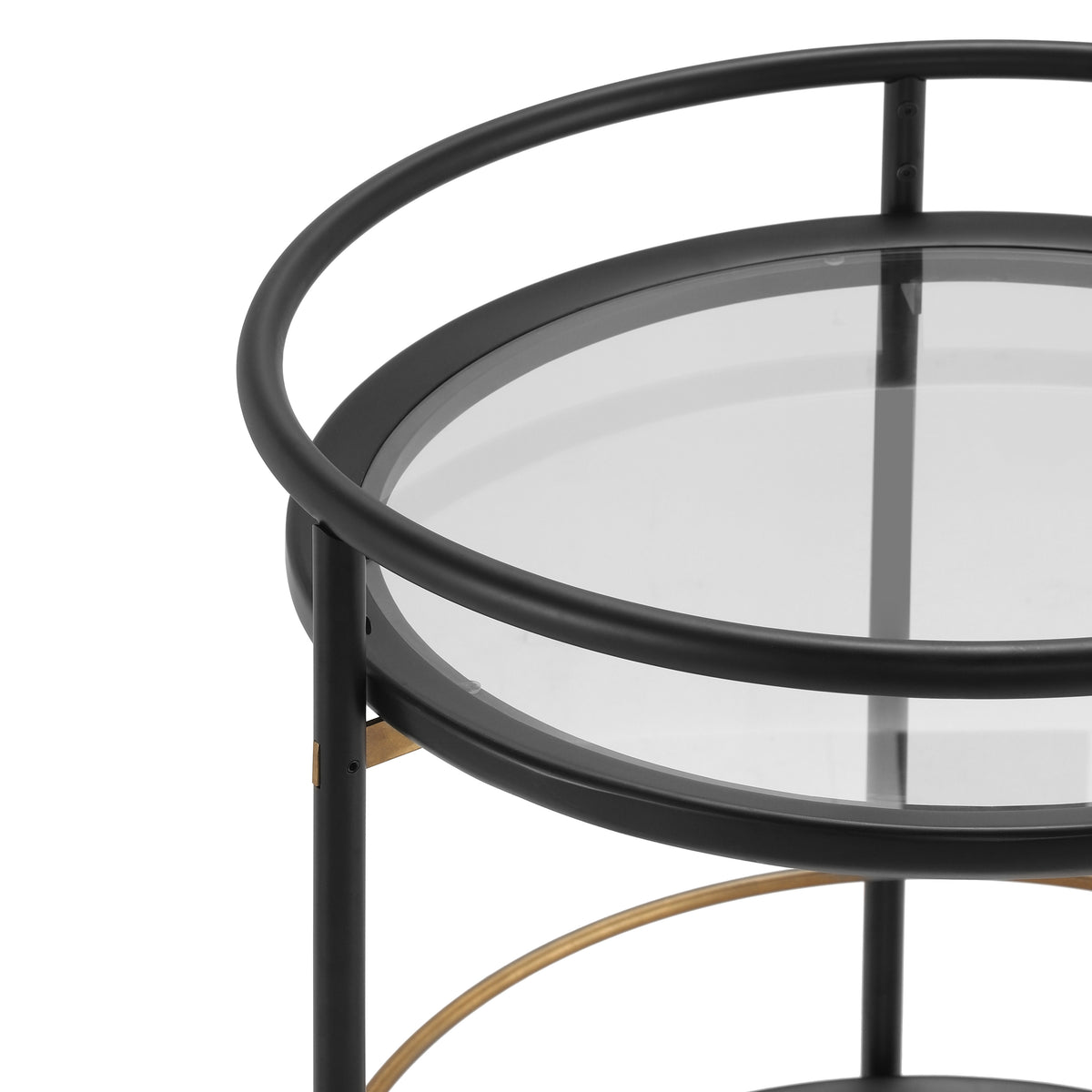 Modern Round Bar Cart with Tempered Glass Shelves and Gold Accents - OROA Online Furniture