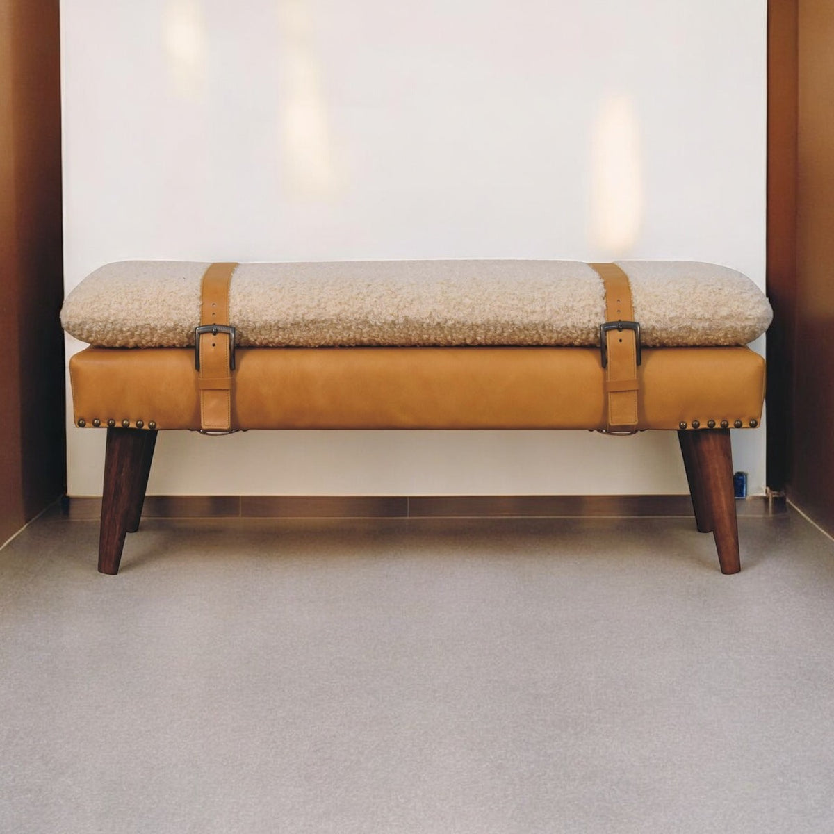 Solid Wood Boucle Tan Leather Bench | OROA