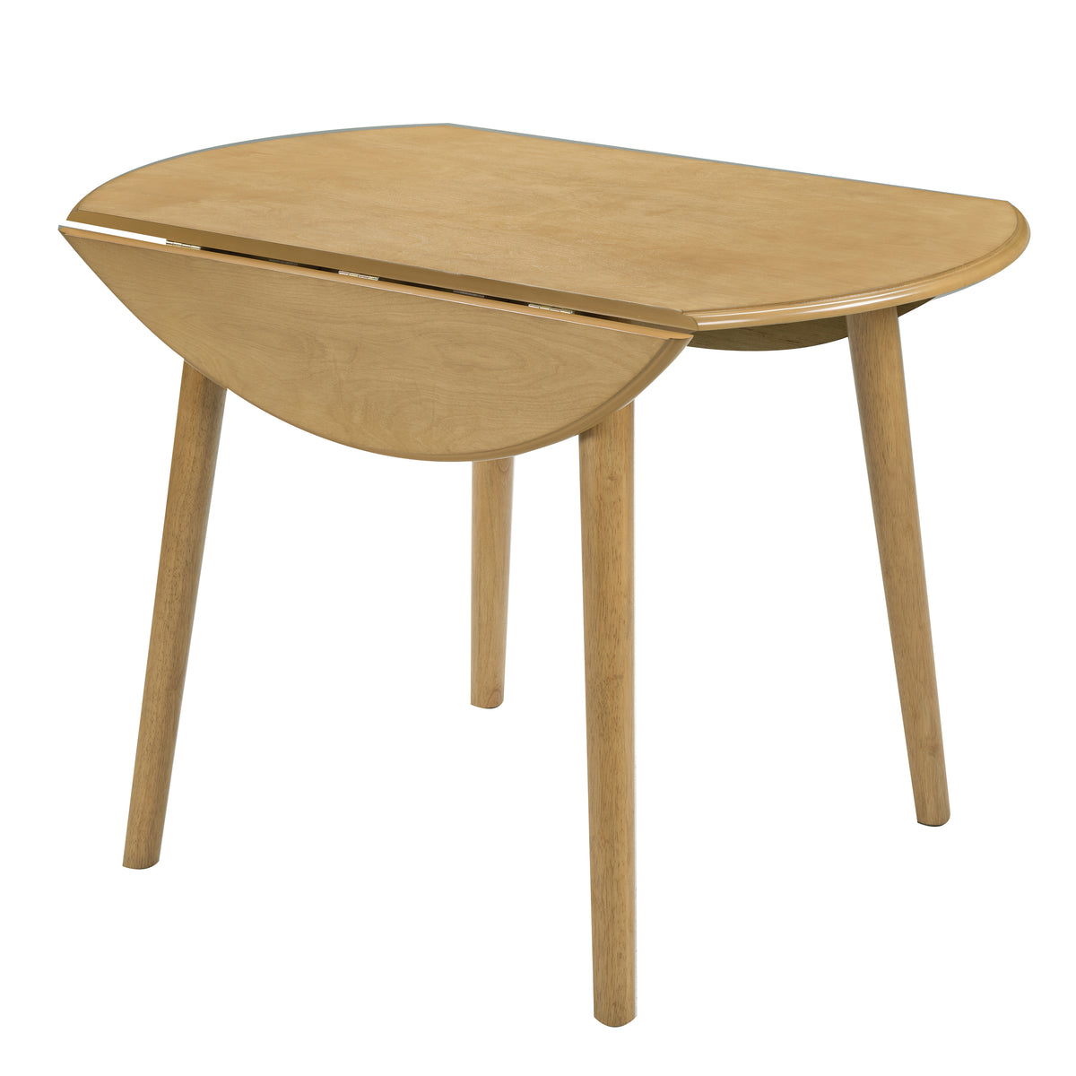Natural Birch Veneer Round Drop-Leaf Dining Table — three-quarter view with one leaf lowered