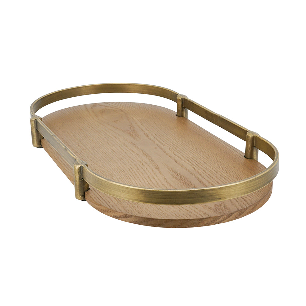 Oval Ash Veneer and Metal Trays — brass-trimmed tray in three-quarter view