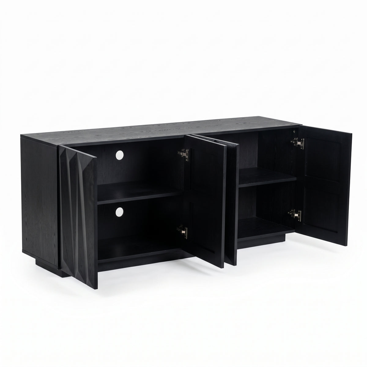 Black Geometric Four-Door Sideboard — doors open showing shelves