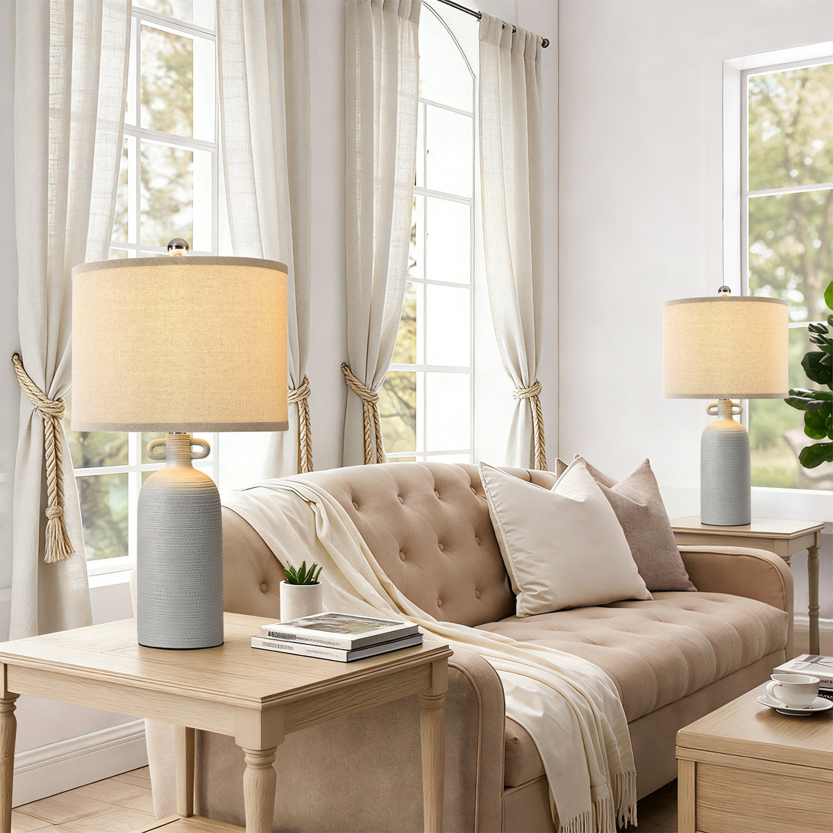 Gray Textured Ceramic Dimmable Table Lamps — pair beside a living-room sofa