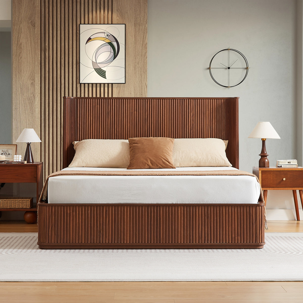 Walnut Finish Fluted King Platform Bed – OROA, view 2